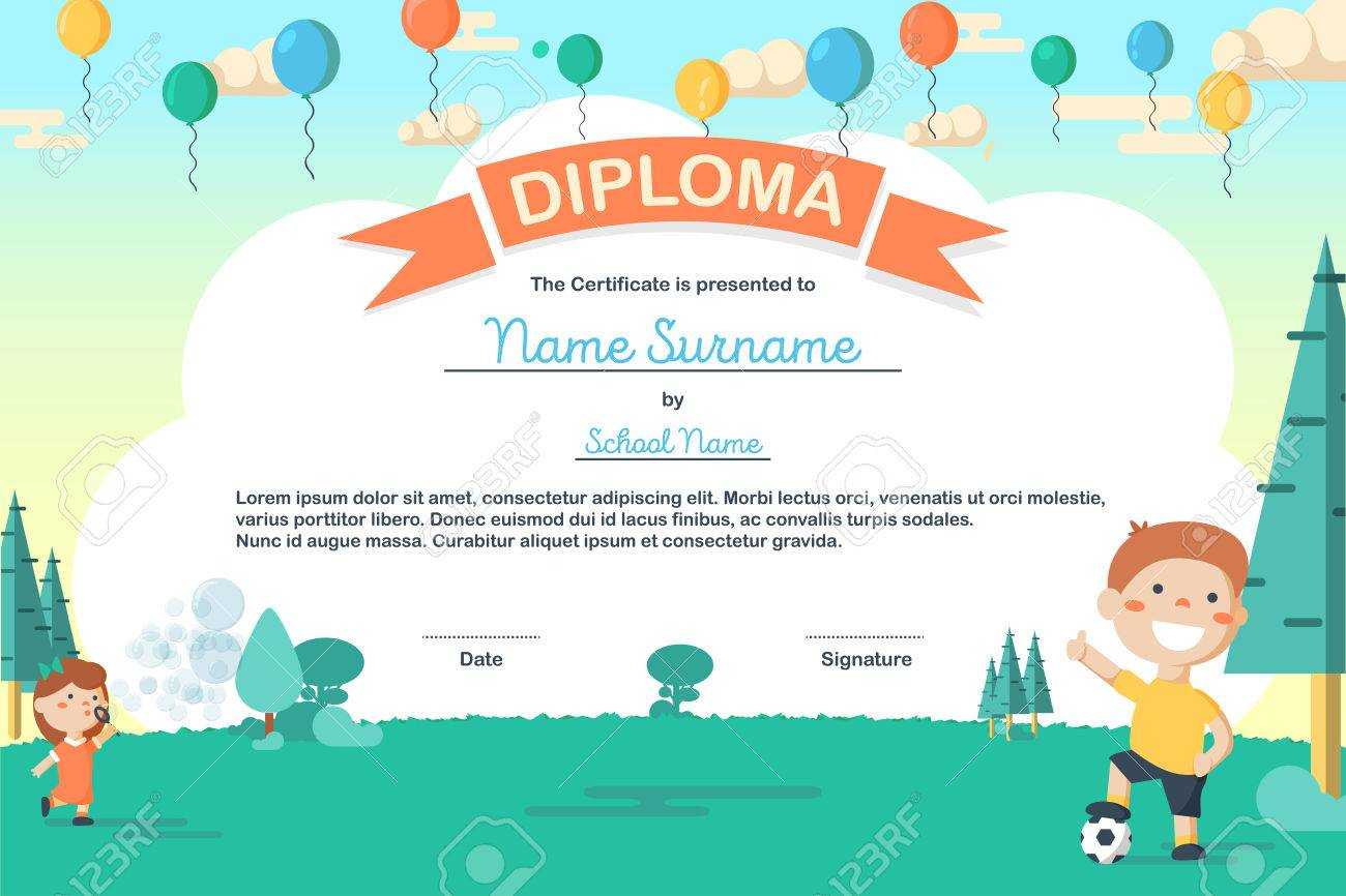 Colorful Kids Summer Camp Diploma Certificate Template In Cartoon.. With Regard To Summer Camp Certificate Template