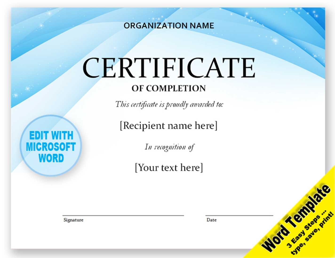 Contemporary Certificate Of Completion Template Digital Download In Certificate Of Completion Word Template