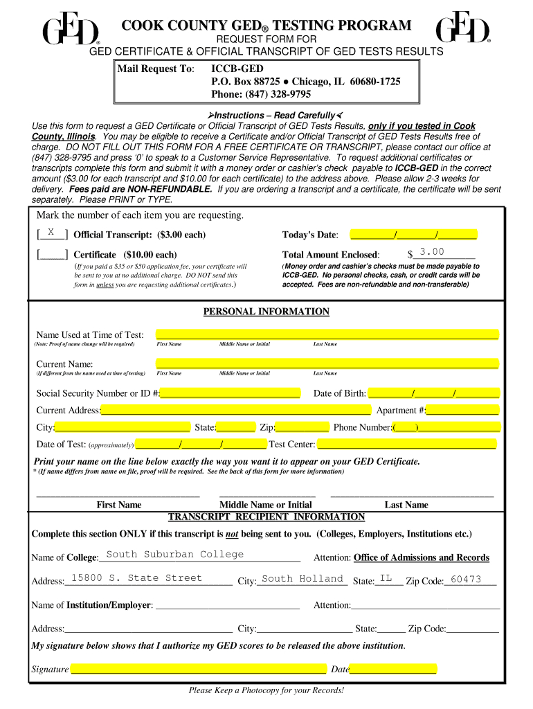 Cook County Ged Transcript Request Form – Fill Out And Sign Printable Pdf  Template | Signnow With Regard To Ged Certificate Template Download