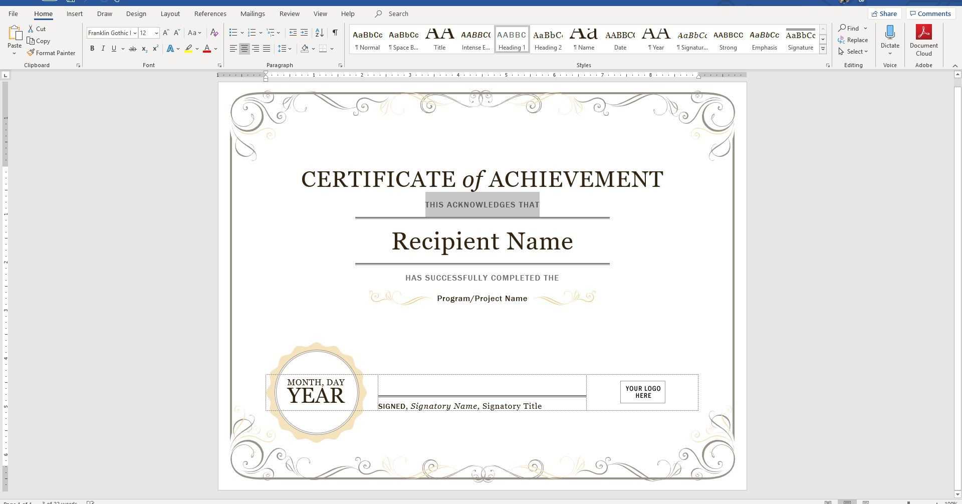 Create A Certificate Of Recognition In Microsoft Word Pertaining To Microsoft Office Certificate Templates Free