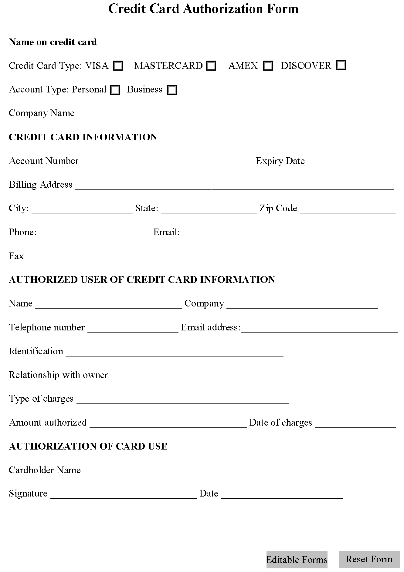 Credit Card Authorization Form | Editable Forms Intended For Credit Card Authorization Form Template Word