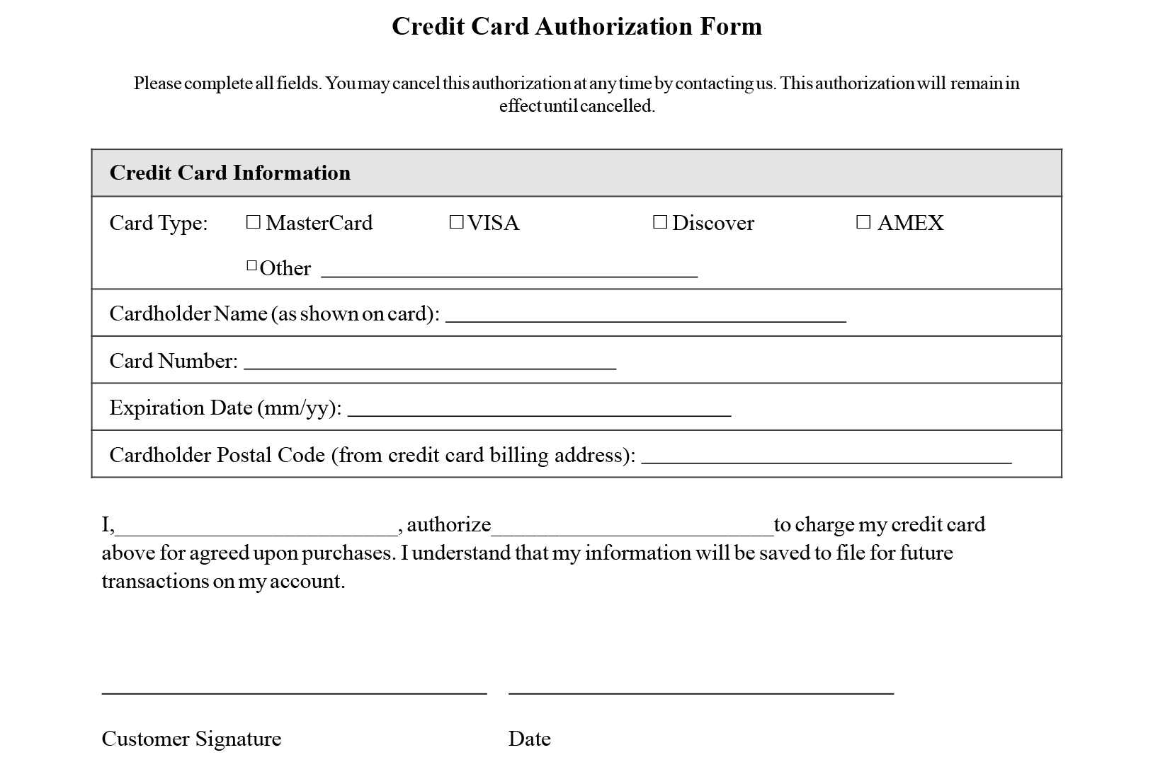 Credit Card Authorization Form Templates [Download] In Authorization To Charge Credit Card Template