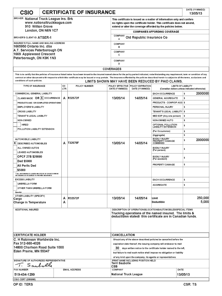 Csio Certificate Of Insurance – Fill Online, Printable With Regard To Certificate Of Insurance Template