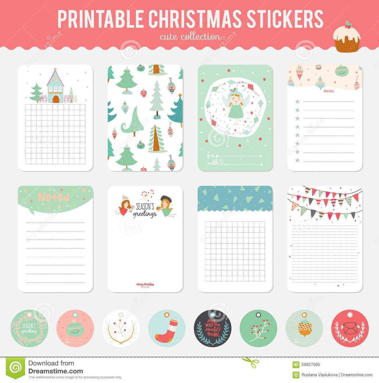 Cute Vector Christmas Cards And Stickers Stock Vector With Regard To Christmas Note Card Templates