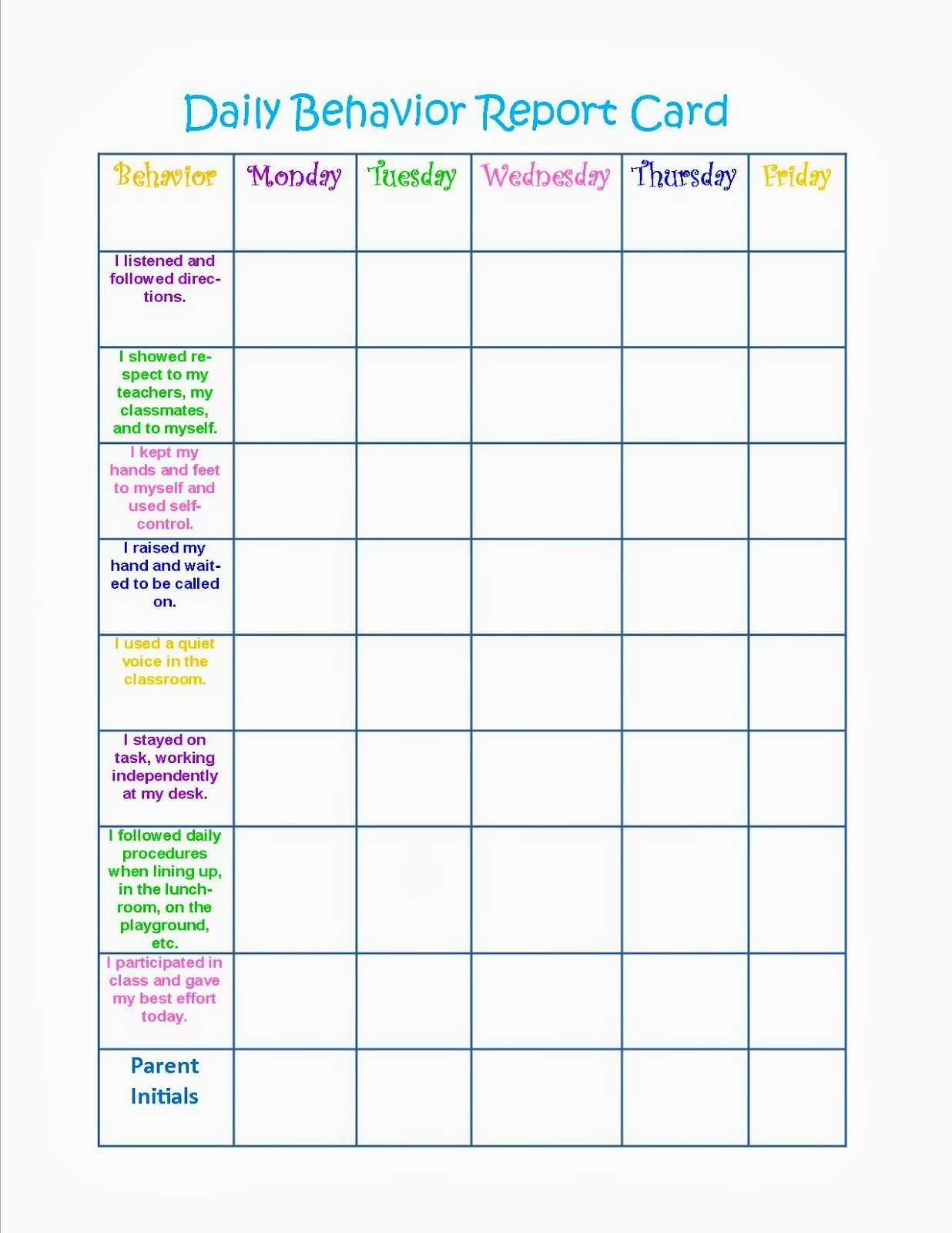 Daily Behavior Chart – Calep.midnightpig.co With Regard To Daily Report Card Template For Adhd
