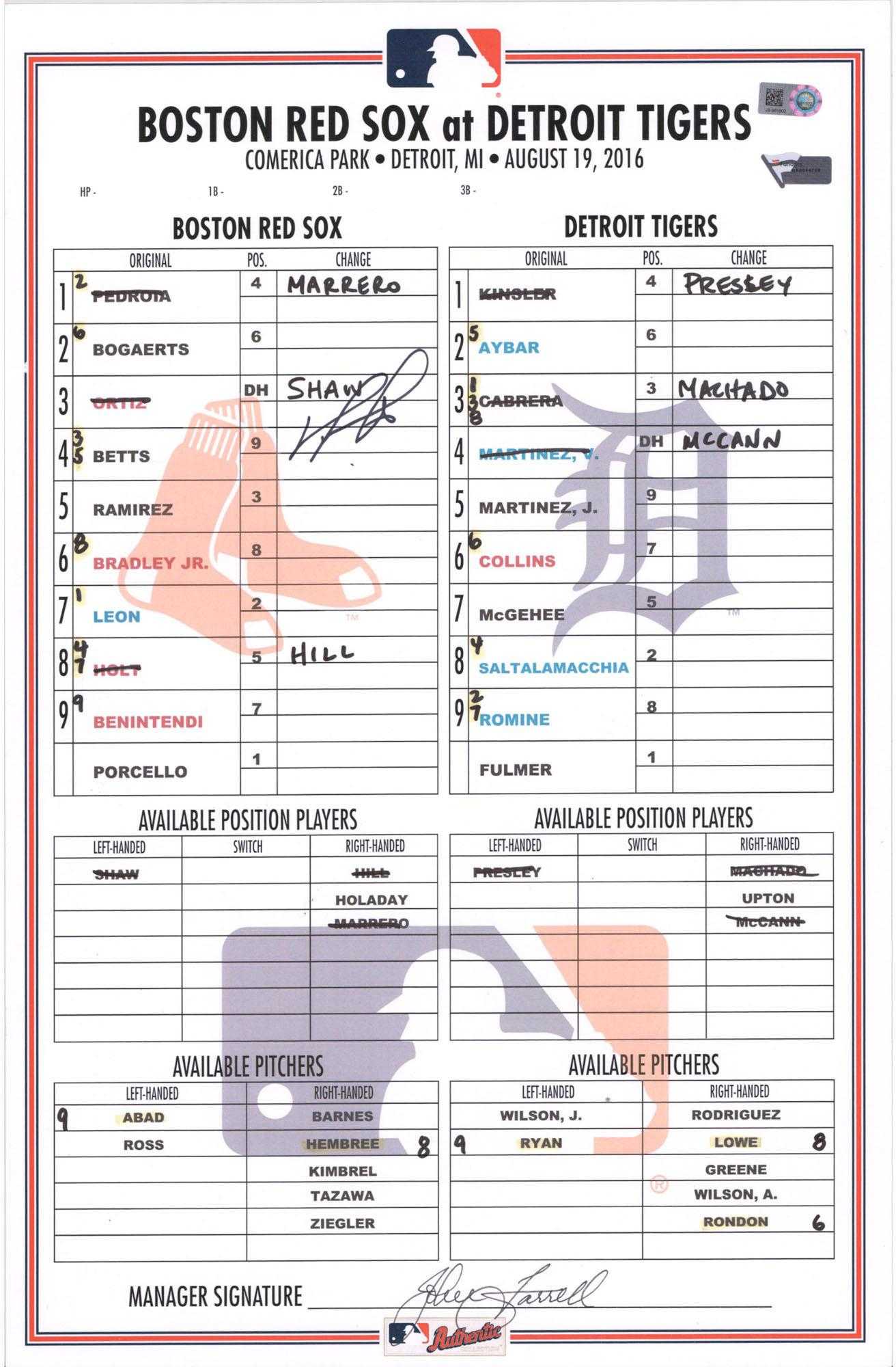 Details About David Ortiz Boston Red Sox Signed Gu Lineup Card Vs Tigers On  8/19/16 – Fanatics Inside Free Baseball Lineup Card Template