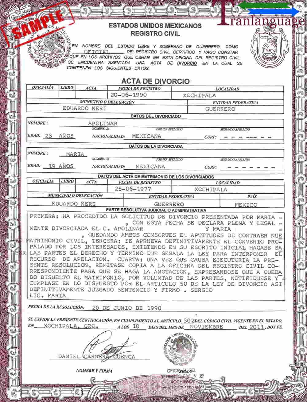 Divorce Certificate Mexico Intended For Mexican Marriage Certificate Translation Template