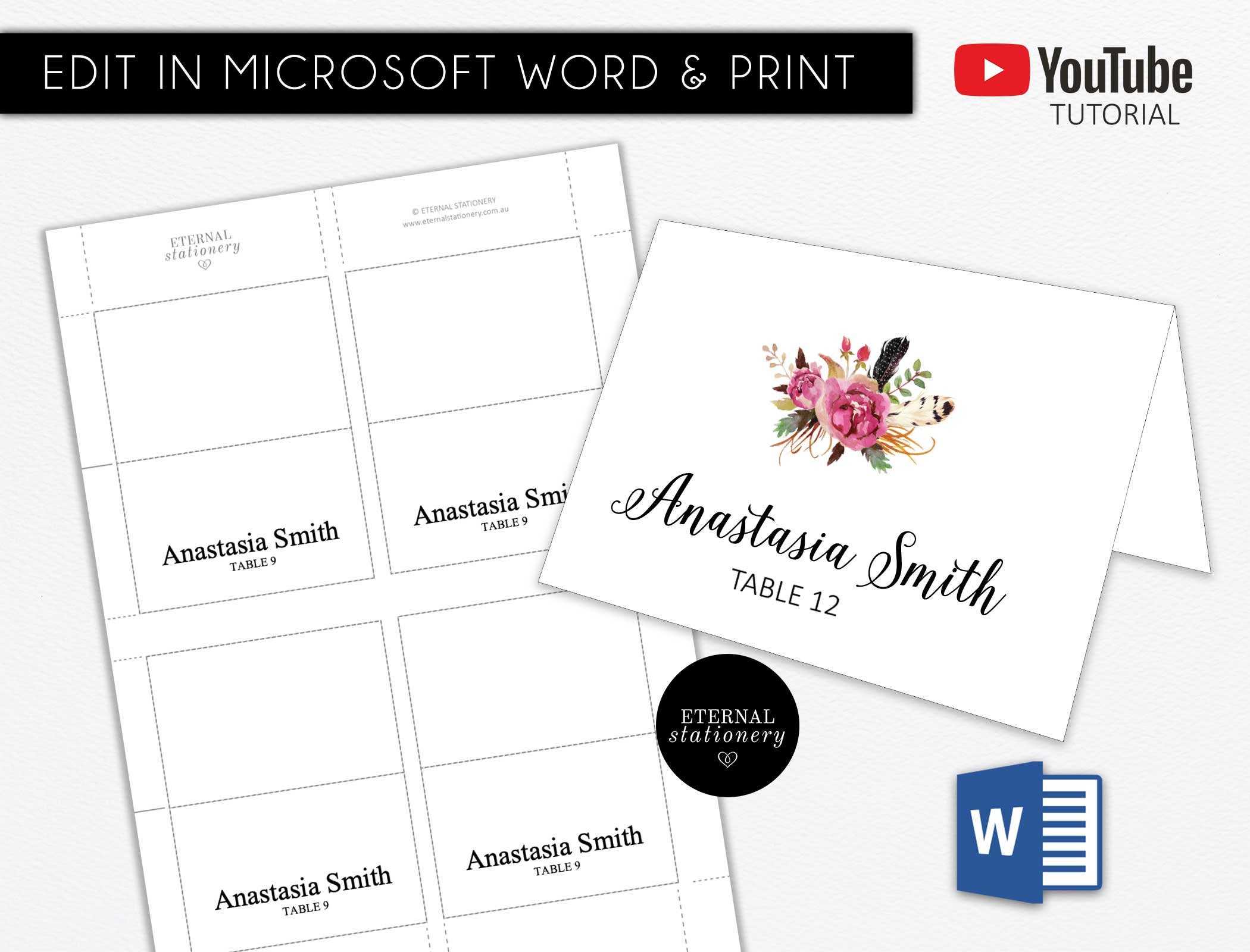 Diy Editable Microsoft Word Place Card Template, Wedding Place Card, Tent  Card, Engagement, Corporate Place Card, Escort Card, Pc 01 Intended For Ms Word Place Card Template