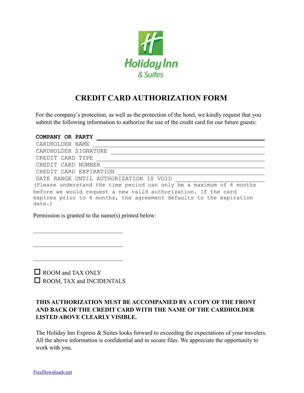 Download Holiday Inn Credit Card Authorization Form Template With Regard To Hotel Credit Card Authorization Form Template