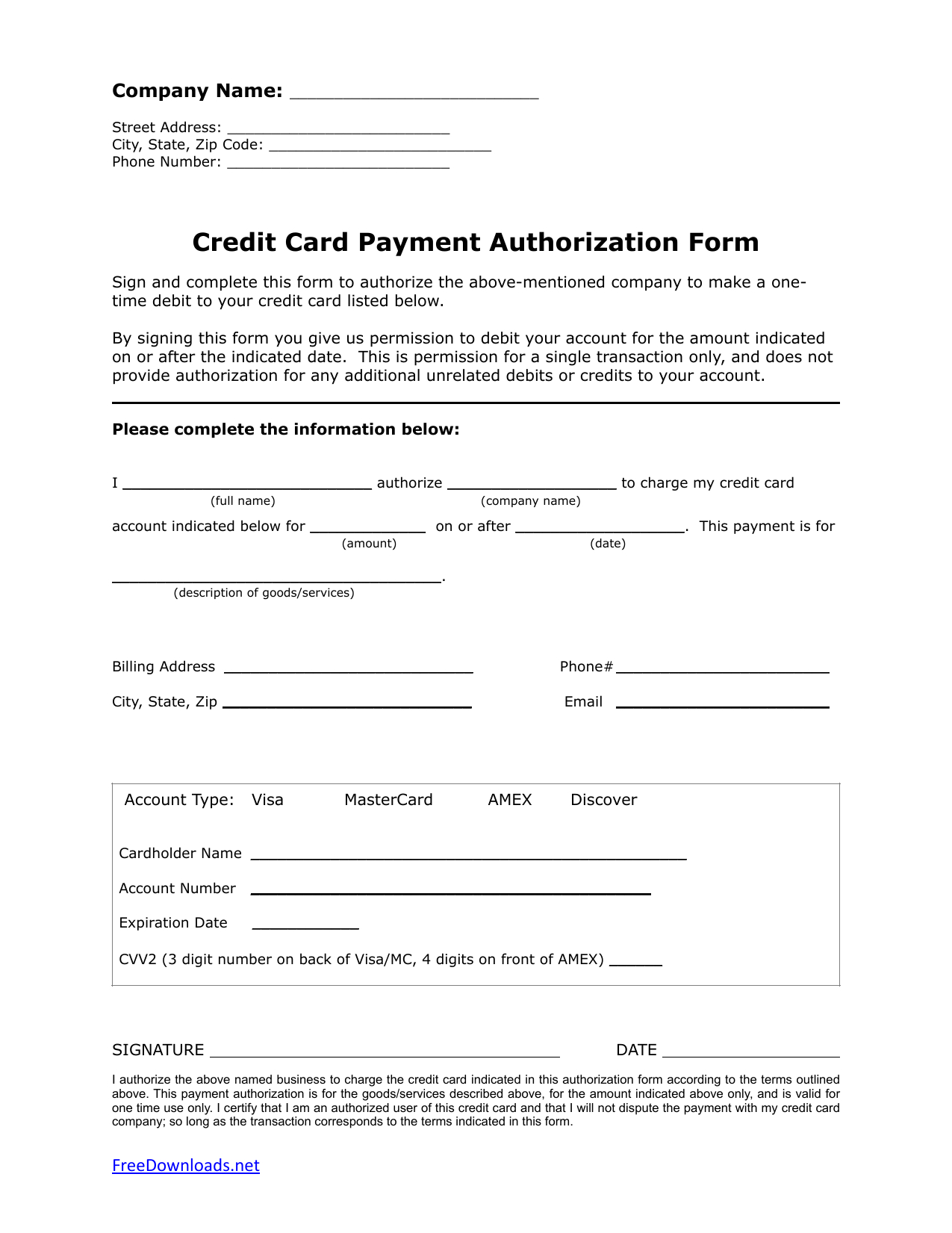 Download One (1) Time Credit Card Authorization Payment Form Within Credit Card Authorization Form Template Word