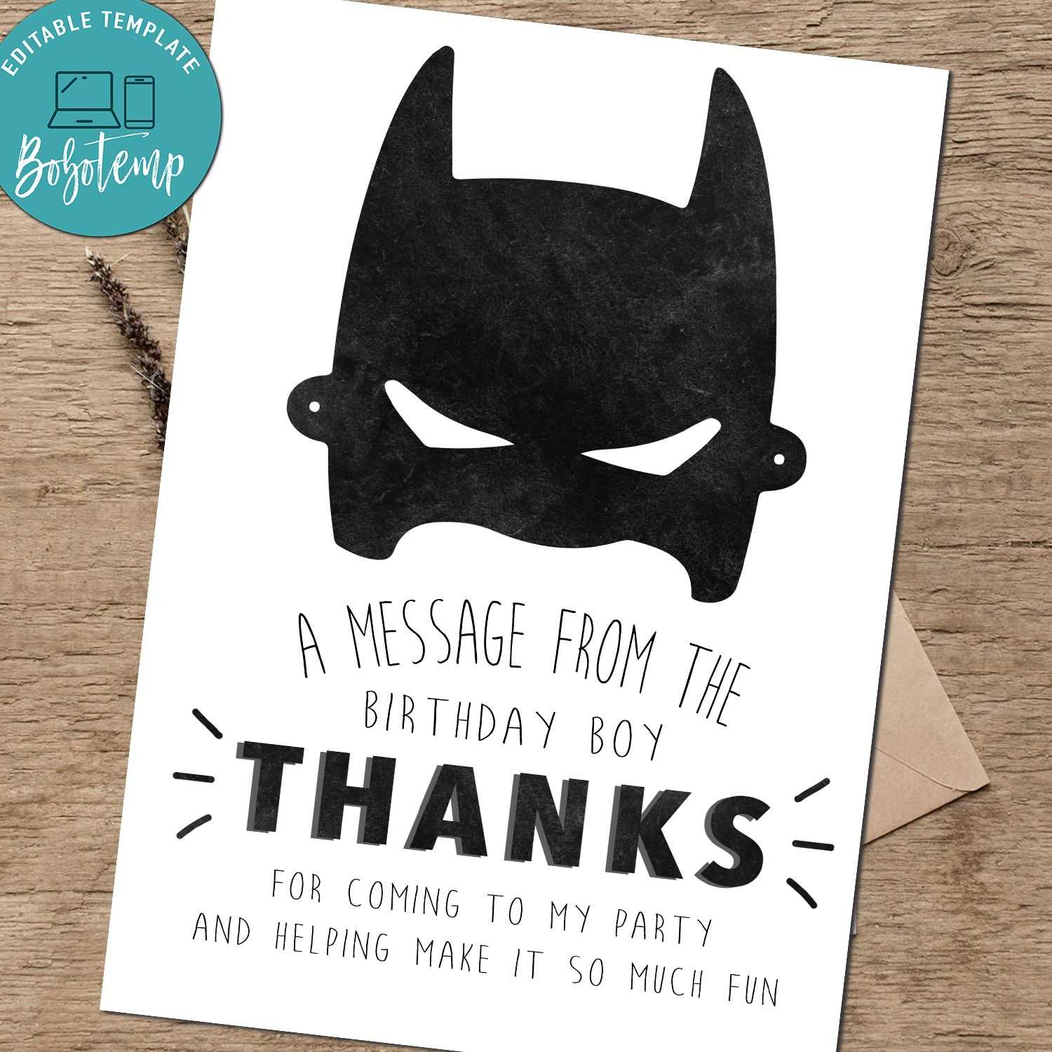 Editable Batman Birthday Thank You Card Instant Download Within Superhero Birthday Card Template