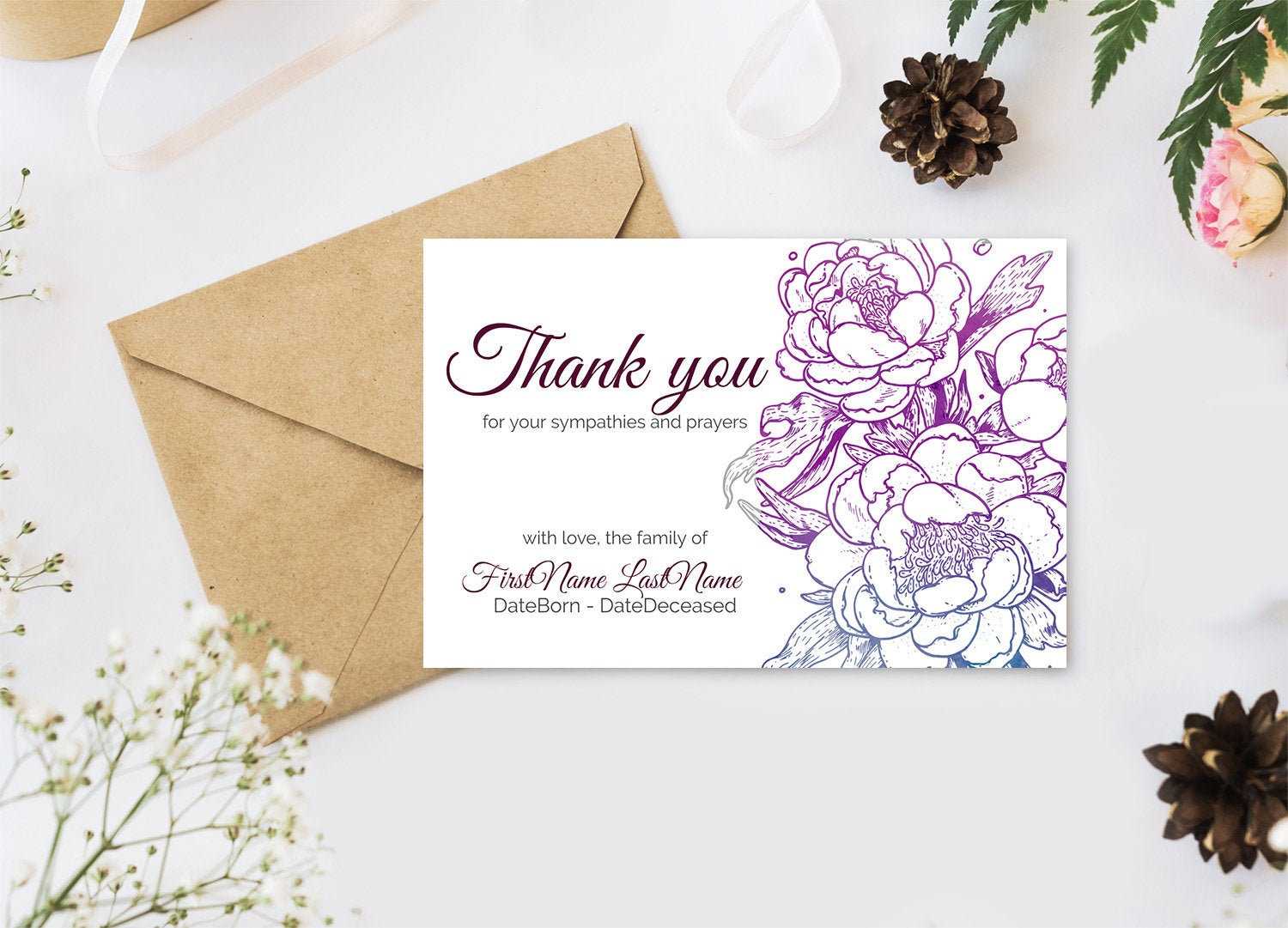 Editable Funeral Thank You Cards. Personalized Sympathy Thank You,  Printable Bereavement Thank You Card – Digital Download In Sympathy Thank You Card Template