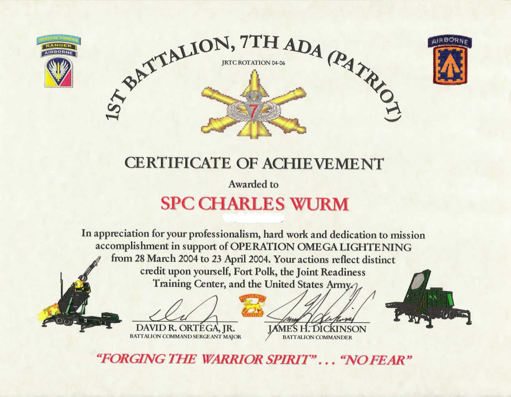 Education / Awards Throughout Certificate Of Achievement Army Template