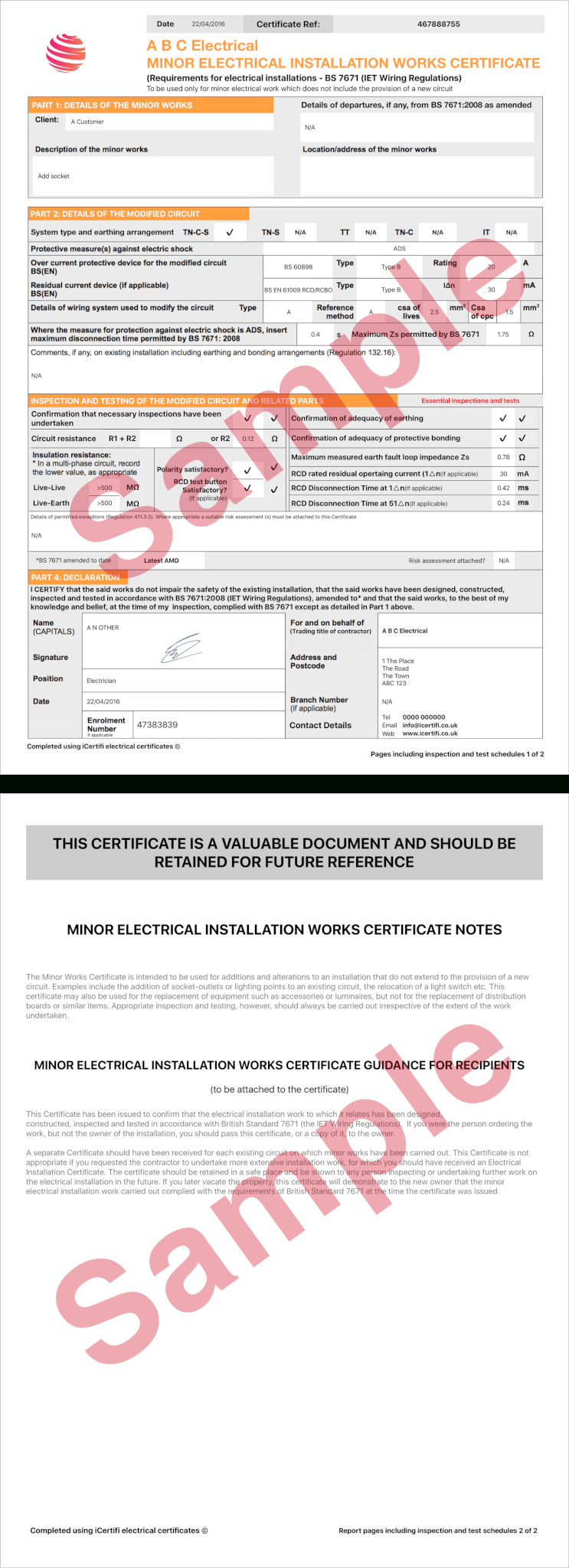 Electrical Certificate – Example Minor Works Certificate Pertaining To Minor Electrical Installation Works Certificate Template