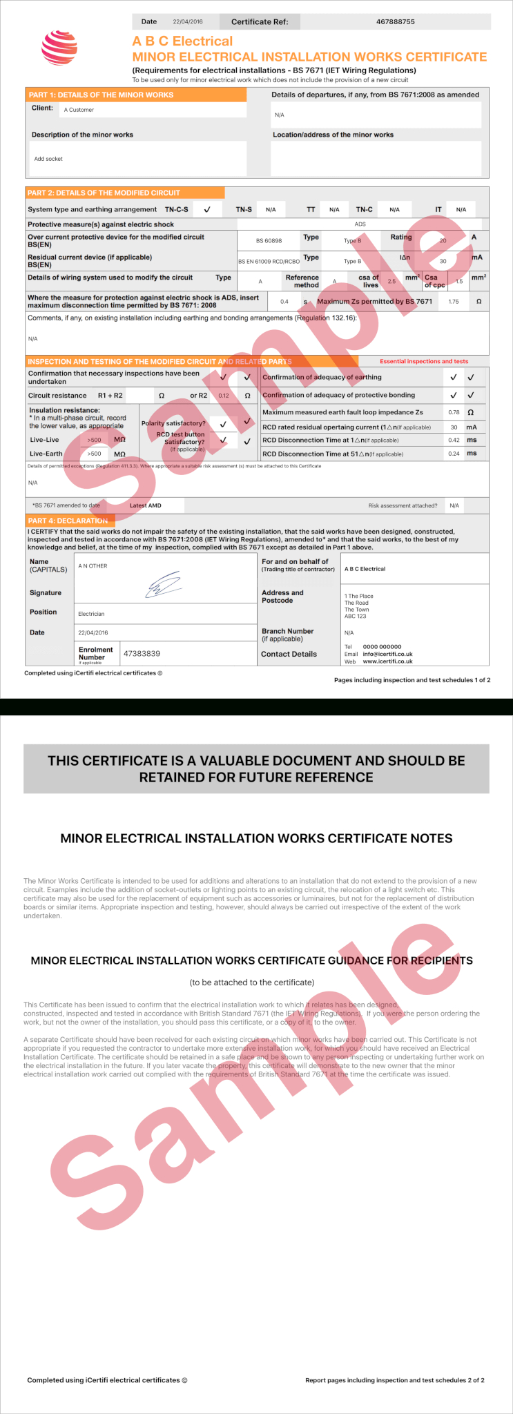 Electrical Certificate – Example Minor Works Certificate Throughout Electrical Minor Works Certificate Template