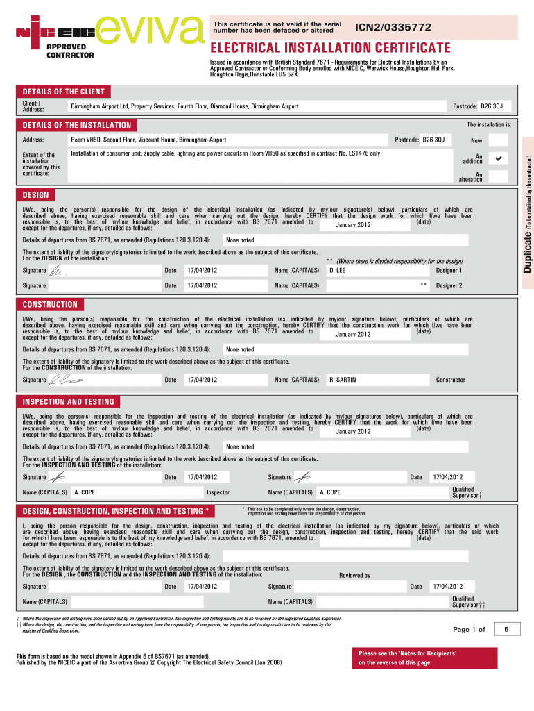 Electrical Installation Certificate Editable Pdf - Fill Intended For Minor Electrical Installation Works Certificate Template