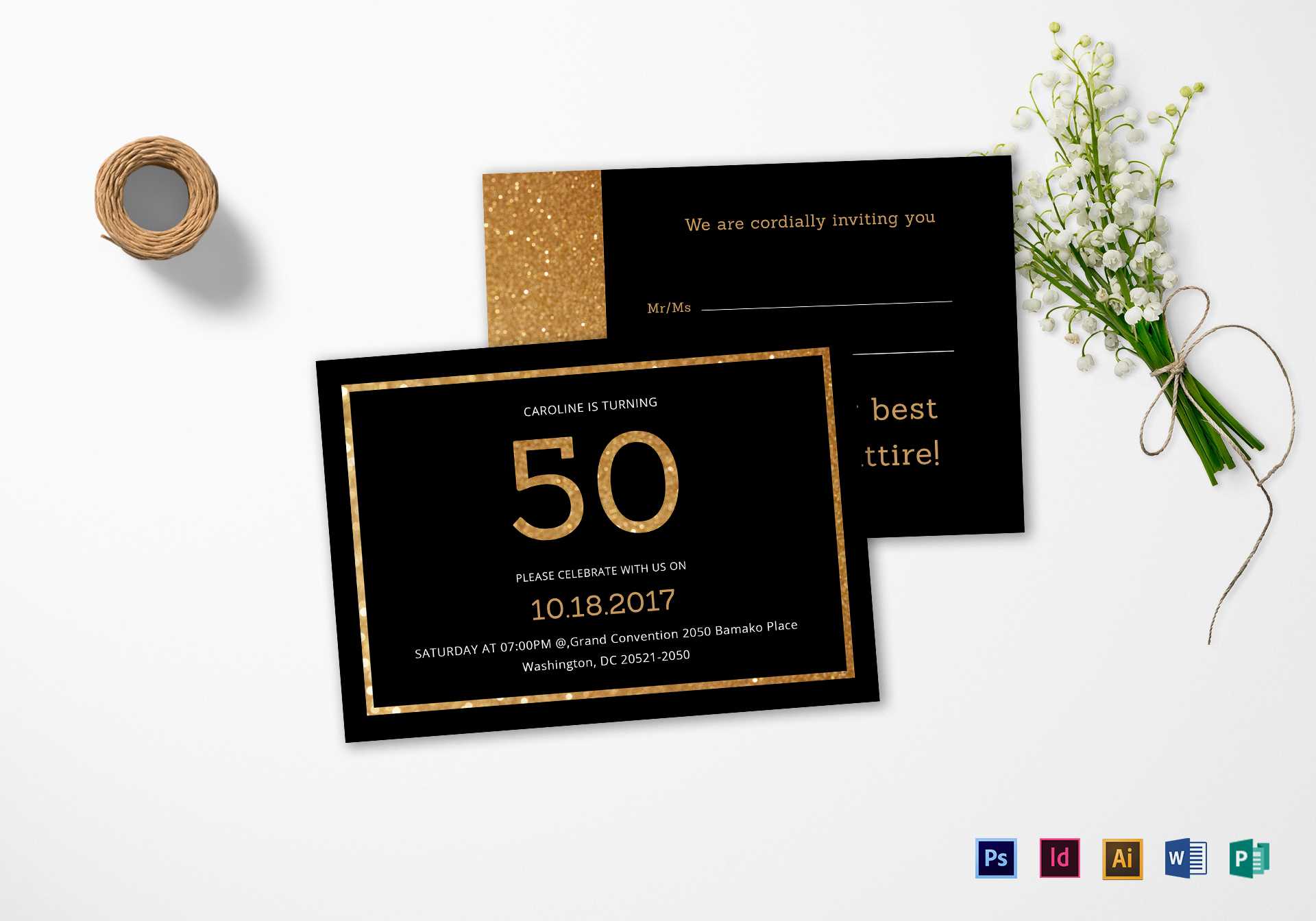 Elegant Black And Gold 50Th Birthday Invitation Template For Indesign Birthday Card Template