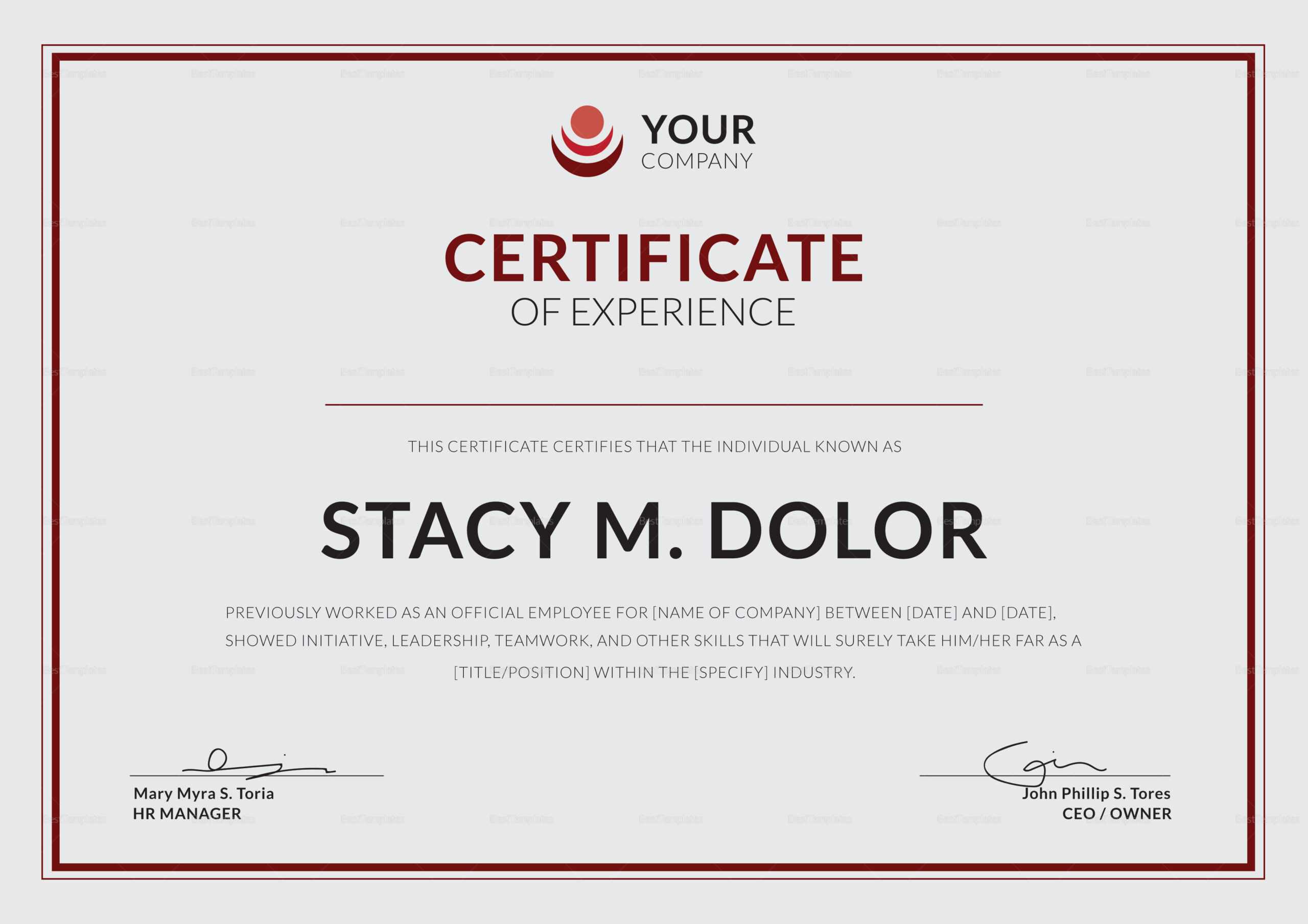 Employee Experience Certificate Template In Certificate Of Experience Template