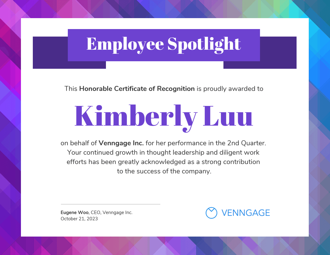 Employee Spotlight Certificate Of Recognition Template For Certificate Of Employment Template