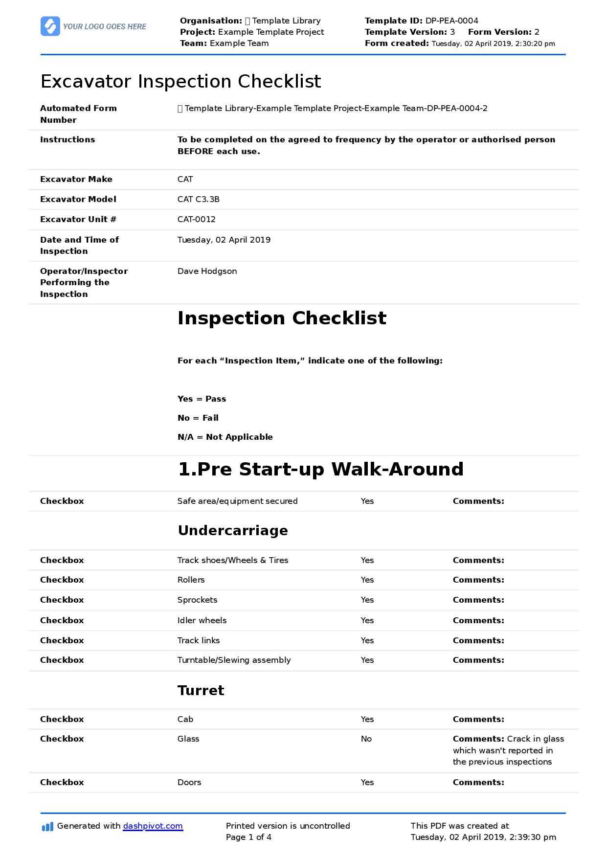 Excavator Inspection Checklist (Better Than Word Doc, Excel Throughout Certificate Of Inspection Template