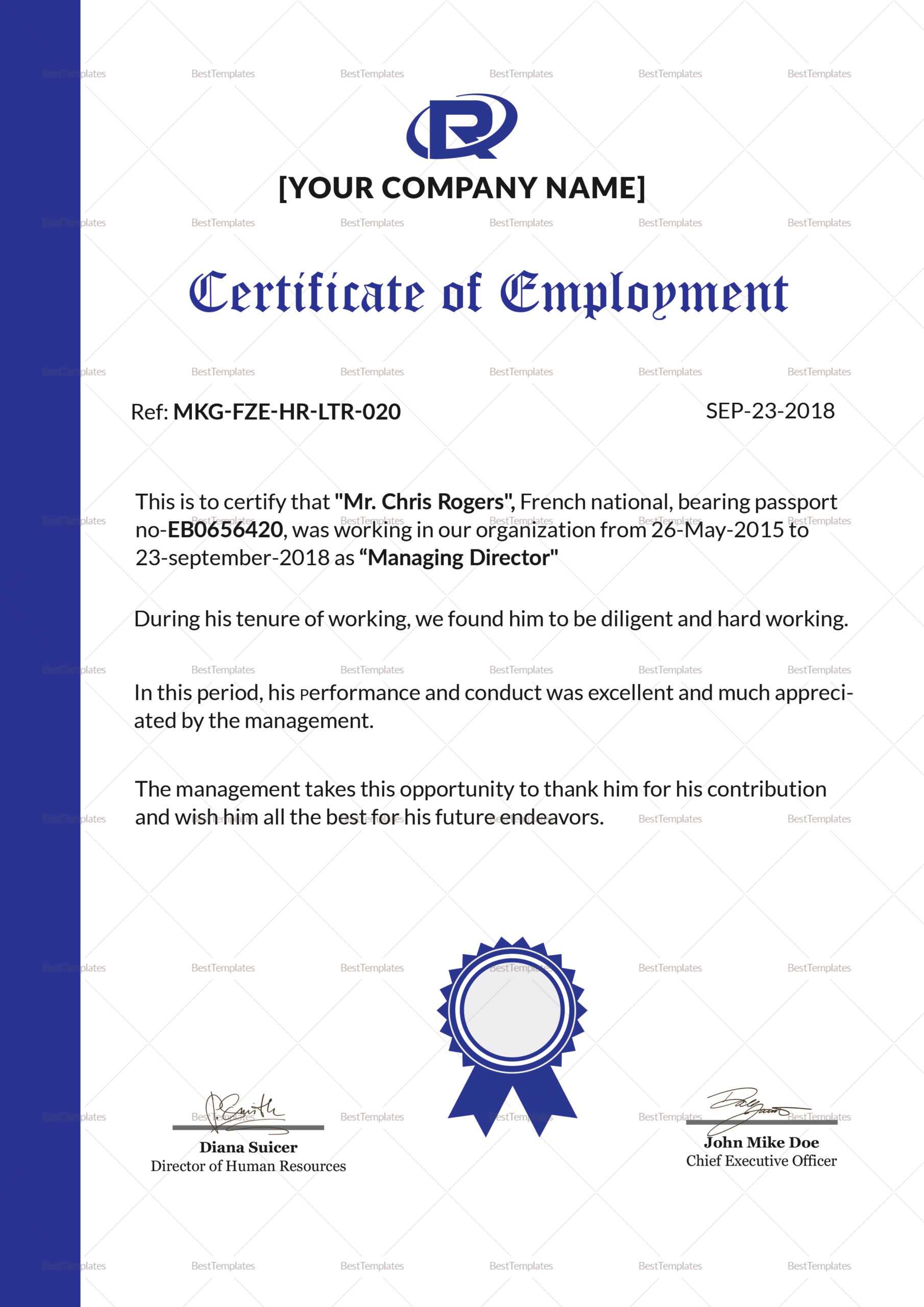 Excellent Employment Certificate Template Throughout Good Job Certificate Template