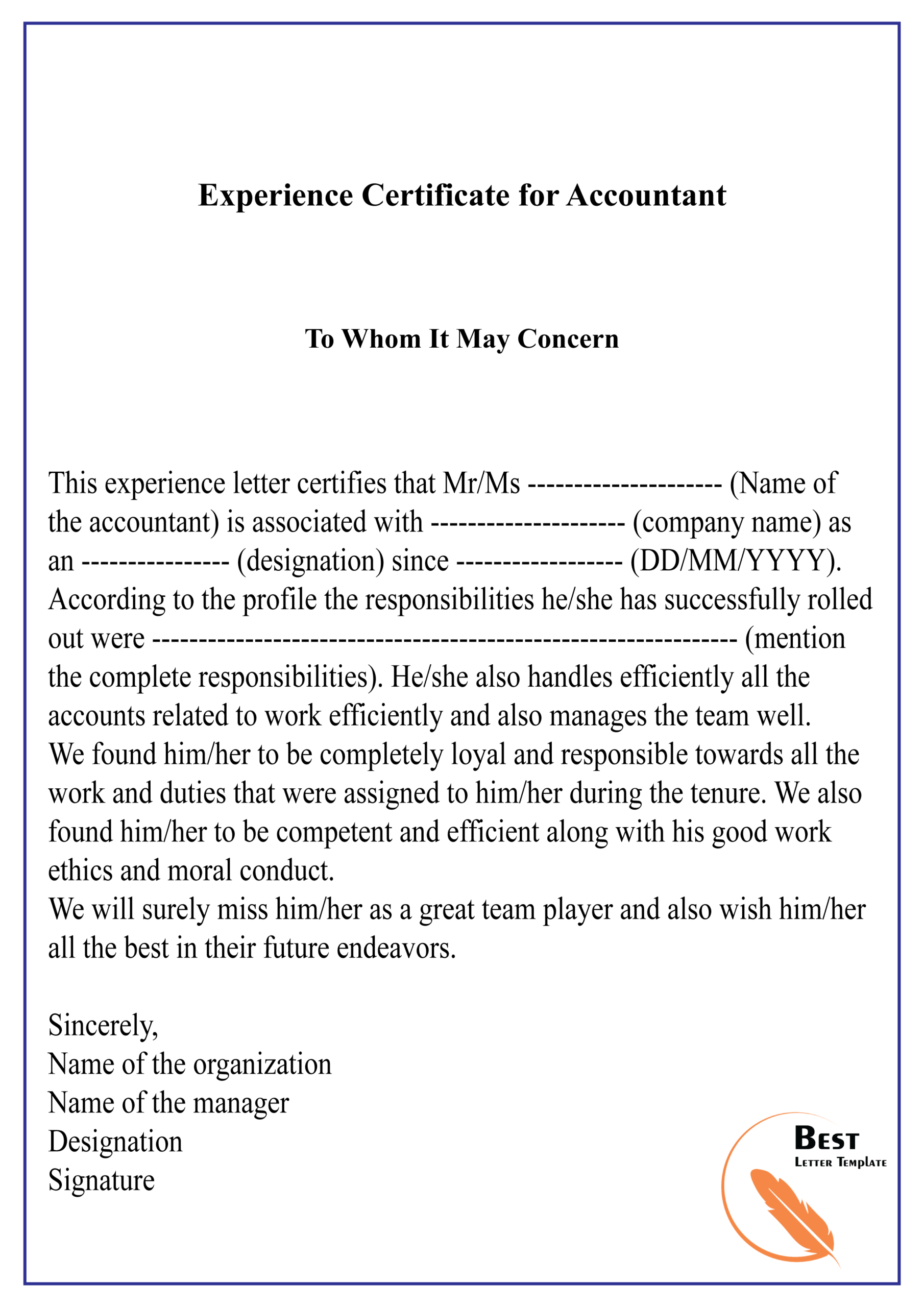 Experience Certificate For Accountant 01 | Best Letter Template Inside Template Of Experience Certificate