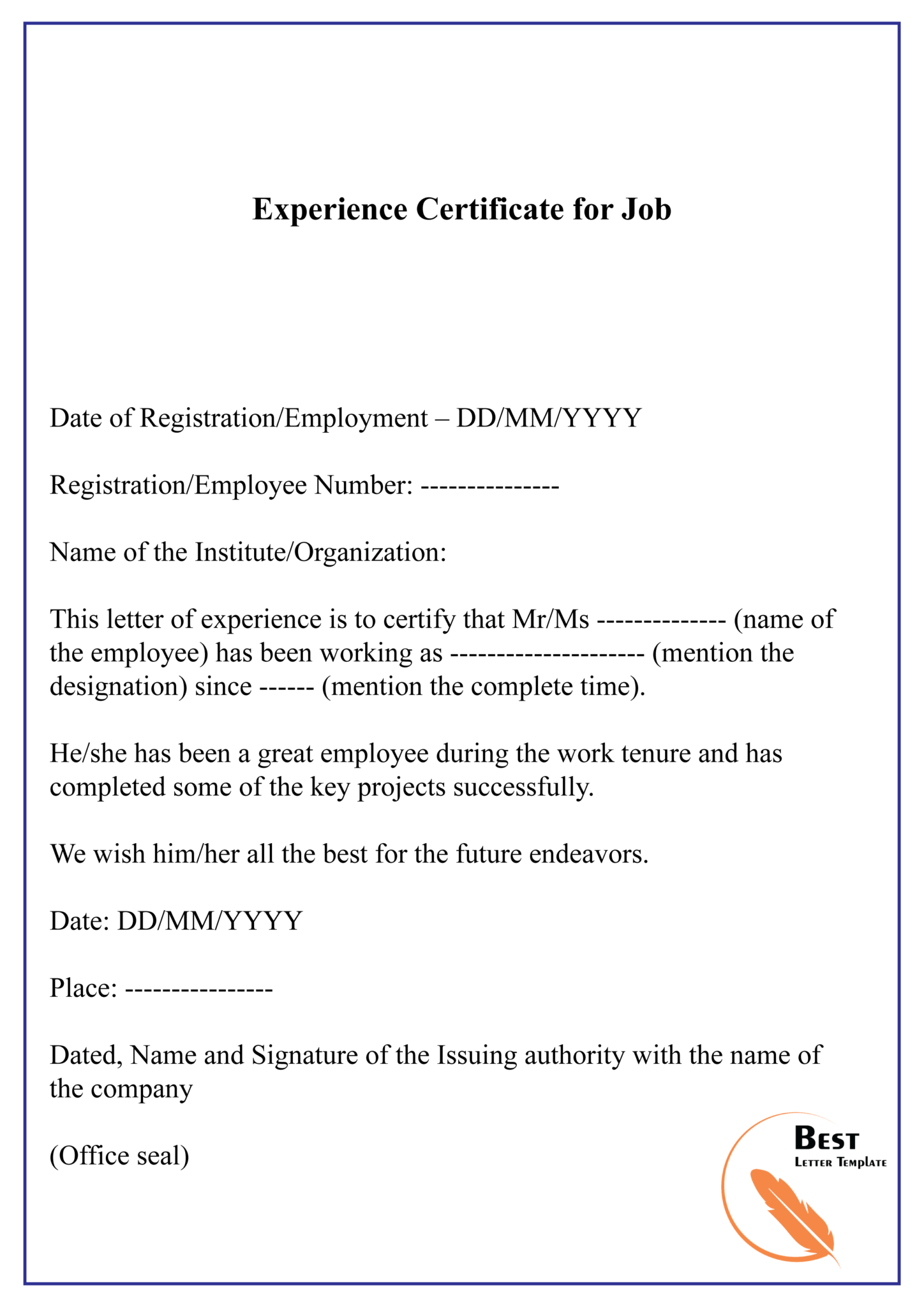 experience certificate format mail format for experience certificate