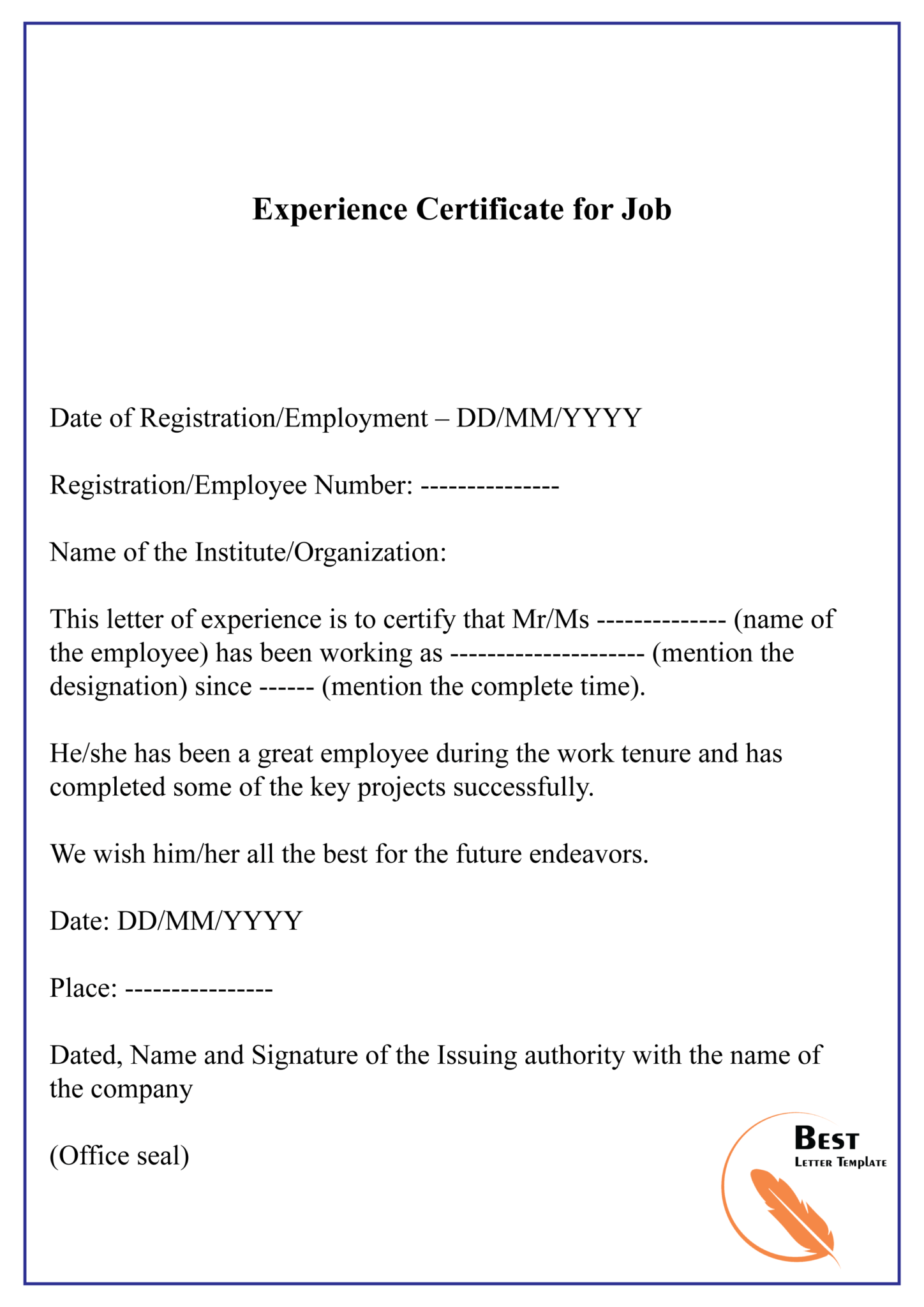 letter format for getting experience certificate