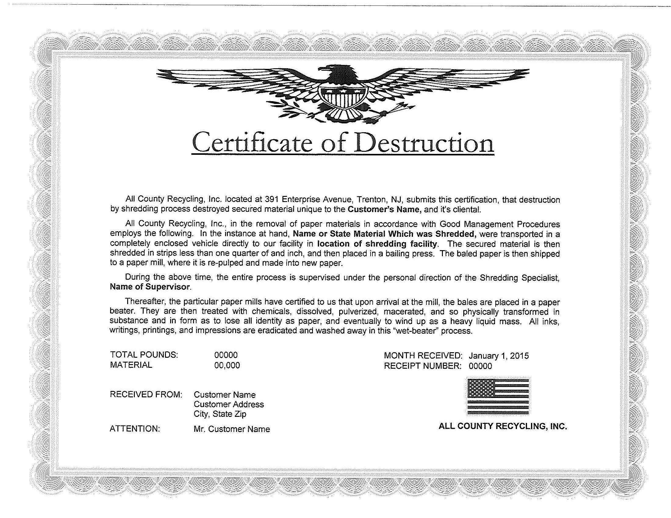 🥰5+ Free Certificate Of Destruction Sample Templates🥰 Within Free Certificate Of Destruction Template