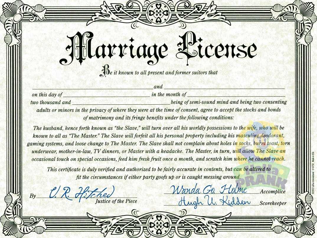 Fake Wedding License – Calep.midnightpig.co For Novelty Birth Certificate Template