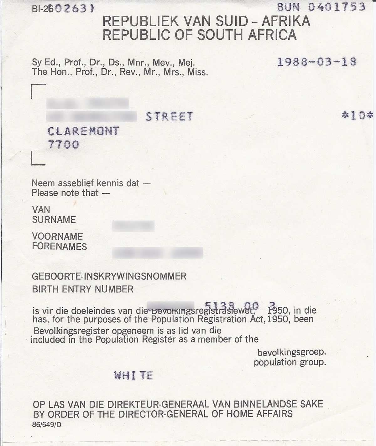 File:population Registration Certificate South Africa 1988 For South African Birth Certificate Template
