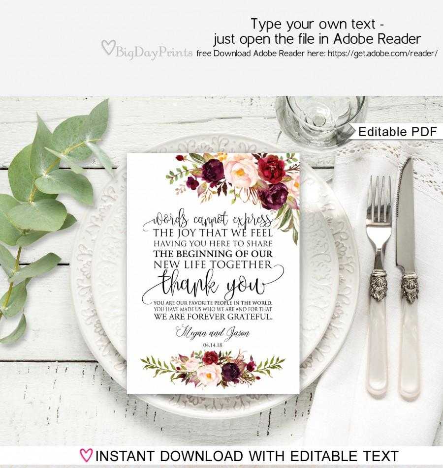 Floral Wedding Thank You Place Card, Wedding Table Thank You Inside Table Place Card Template Free Download