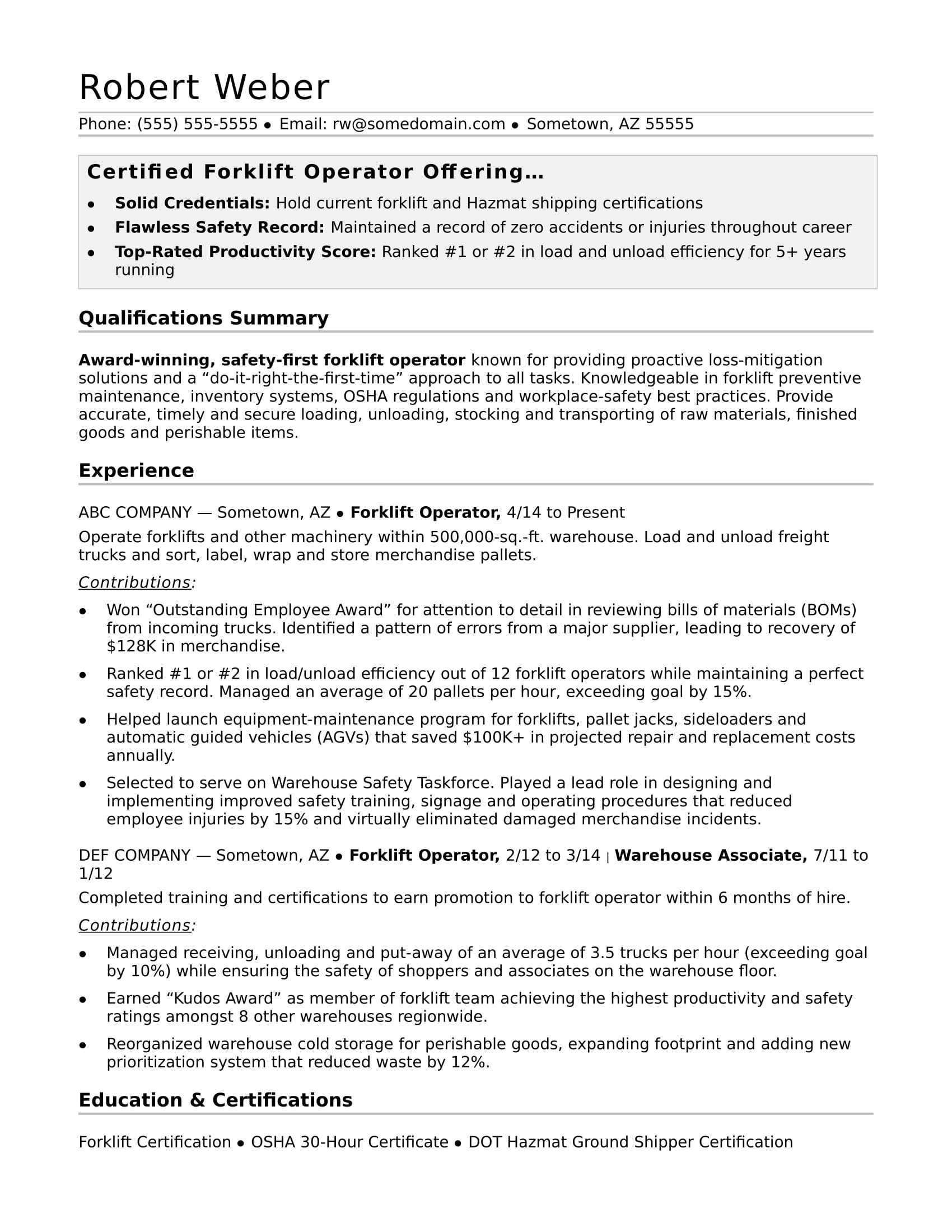 Forklift Operator Resume Sample | Monster Throughout Forklift Certification Template