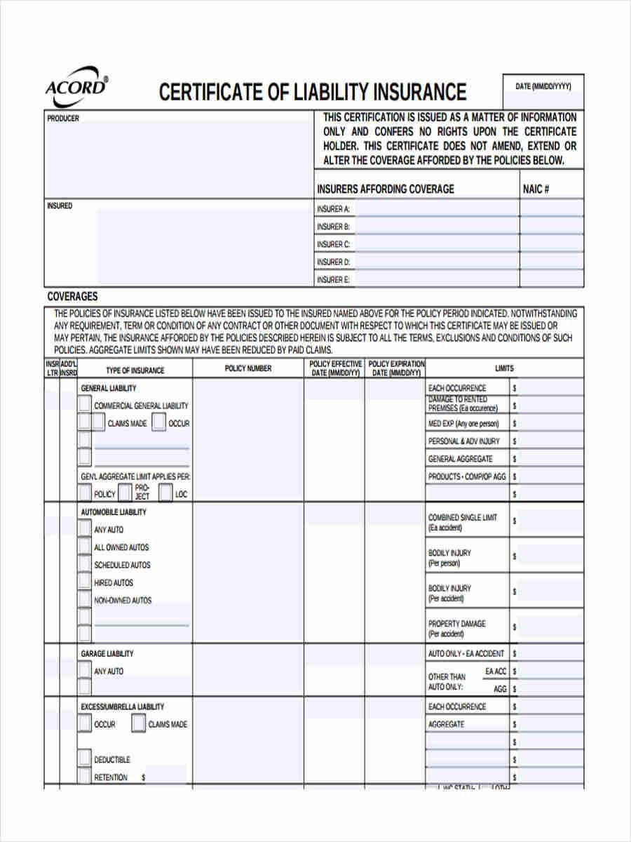 Free 9+ Liability Insurance Forms In Pdf | Ms Word Within Certificate Of Liability Insurance Template