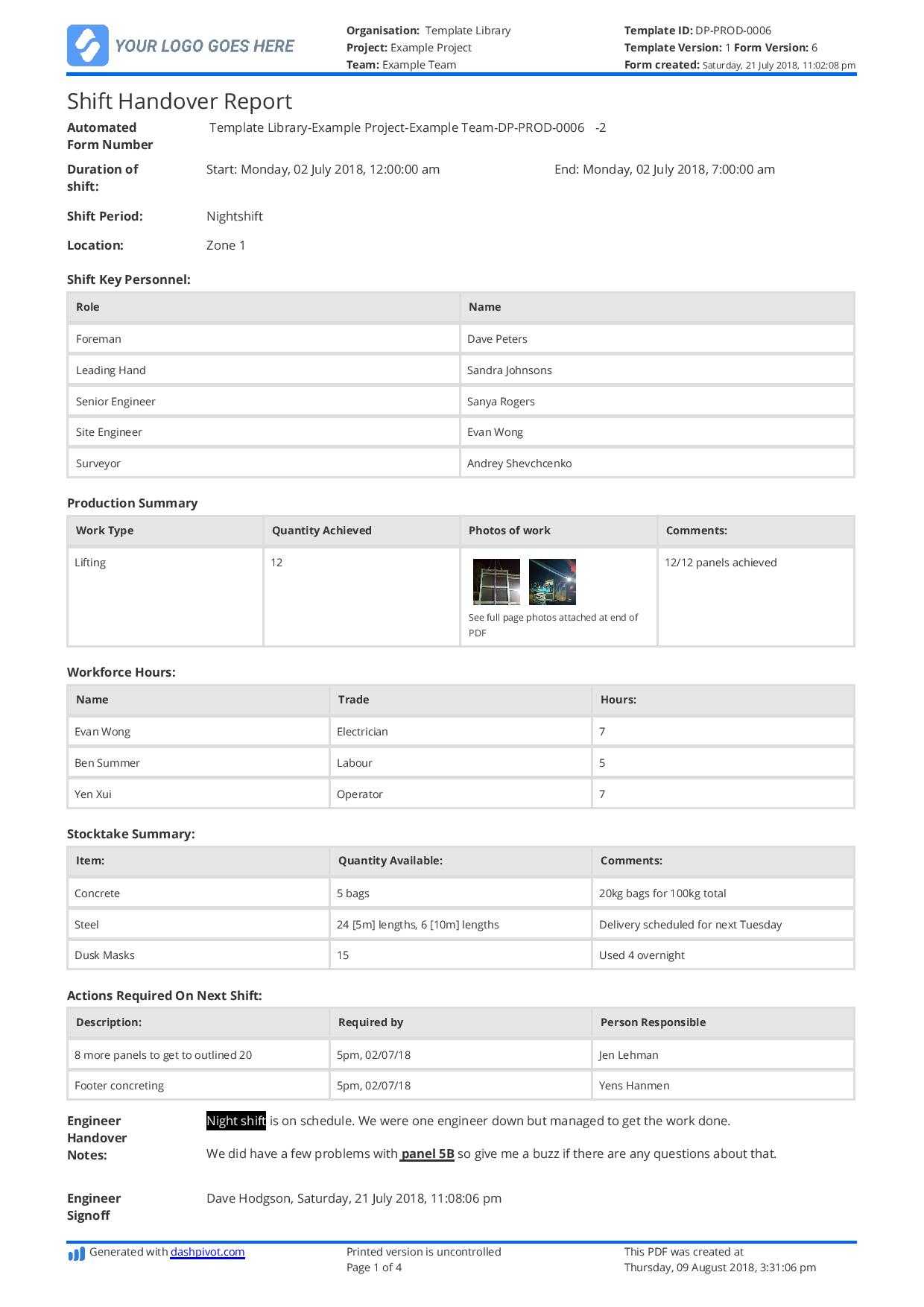 Free Construction Shift Handover Template – Download, Print With Regard To Handover Certificate Template