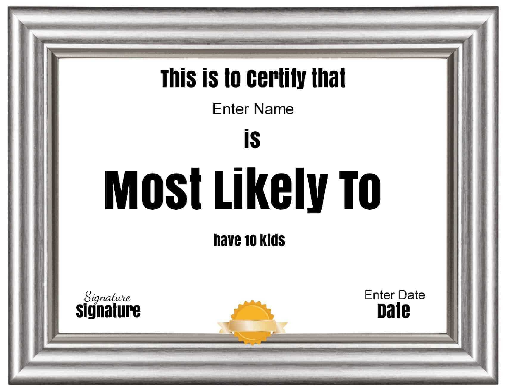 Free Customizable "most Likely To Awards" With Superlative Certificate Template