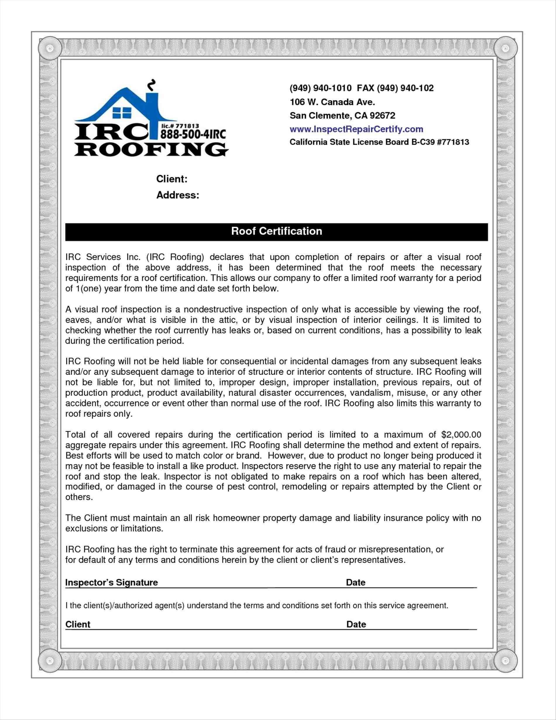 Free Roof Certification Template Form Download Monster Intended For Roof Certification Template