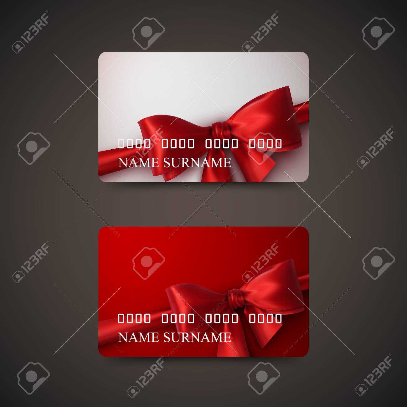 Gift Cards With Red Bow And Ribbon. Vector Illustration. Gift Or Credit  Card Design Template For Gift Card Template Illustrator