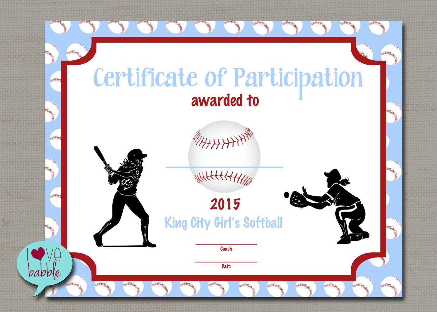 Girls Softball Baseball T Ball Award Certificate Printable Digital File  8.5" X 11" For Free Softball Certificate Templates