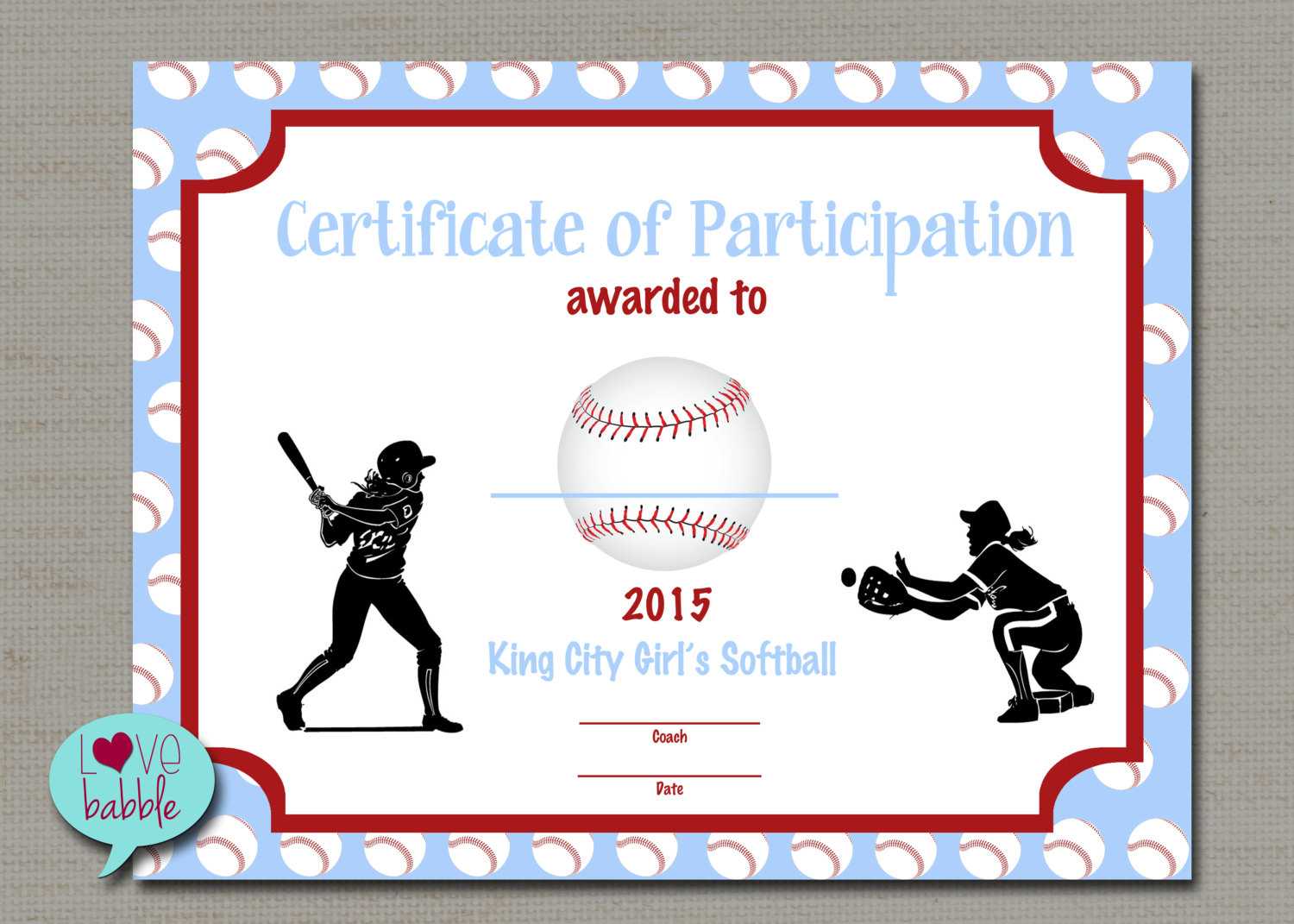 Girls Softball Baseball T Ball Award Certificate Printable Digital File  8.5" X 11" Regarding Softball Certificate Templates