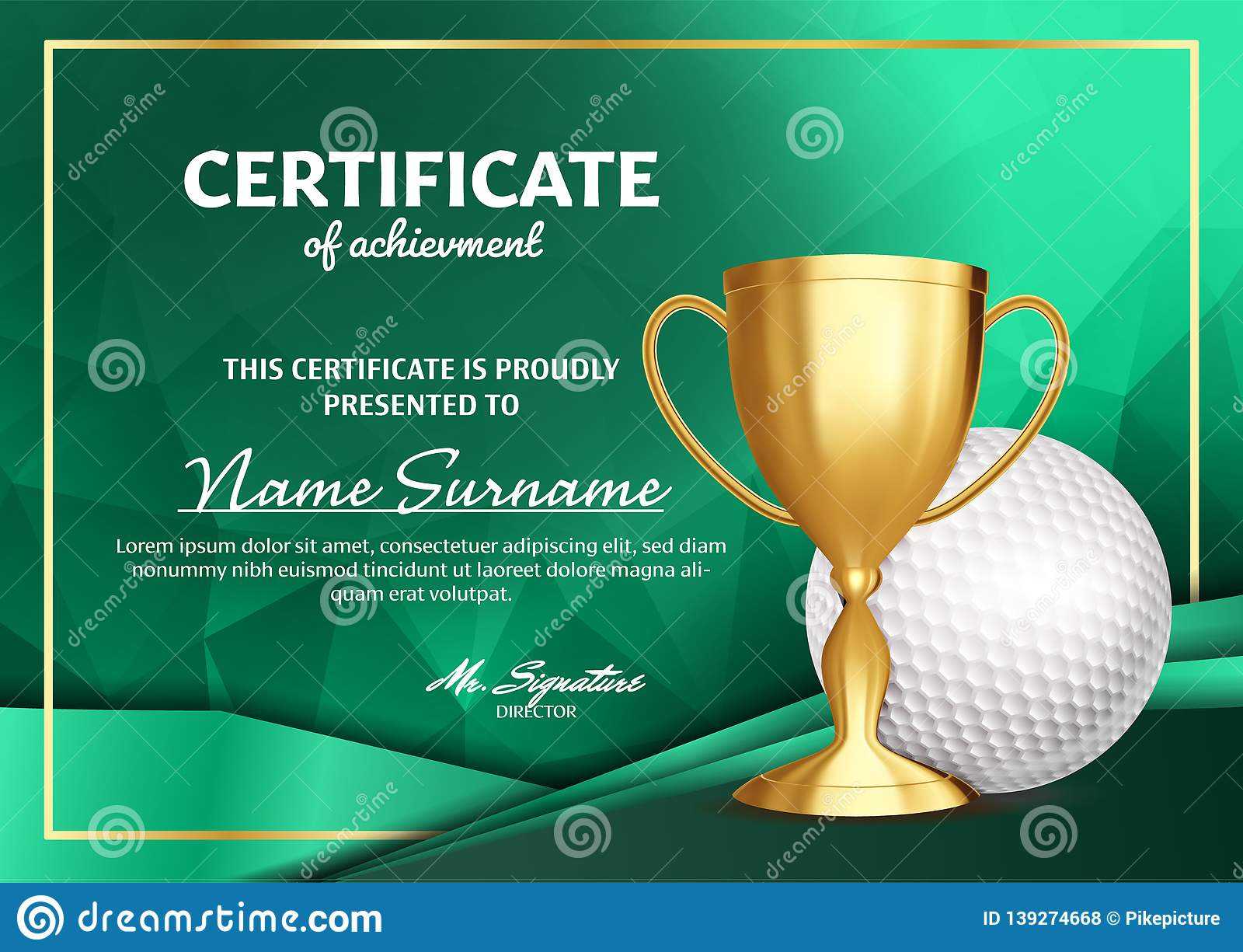 Golf Certificate Diploma With Golden Cup Vector. Sport Award Throughout Golf Gift Certificate Template