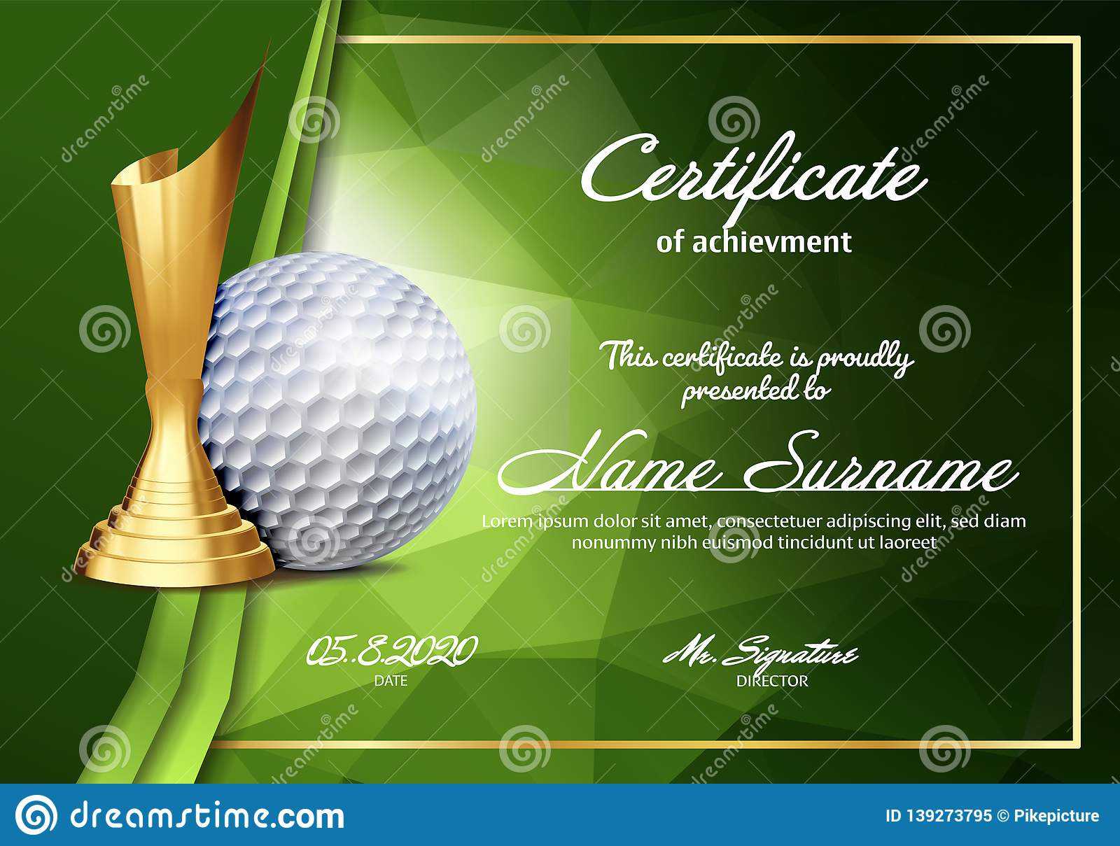 Golf Certificate Diploma With Golden Cup Vector. Sport For Golf Certificate Template Free