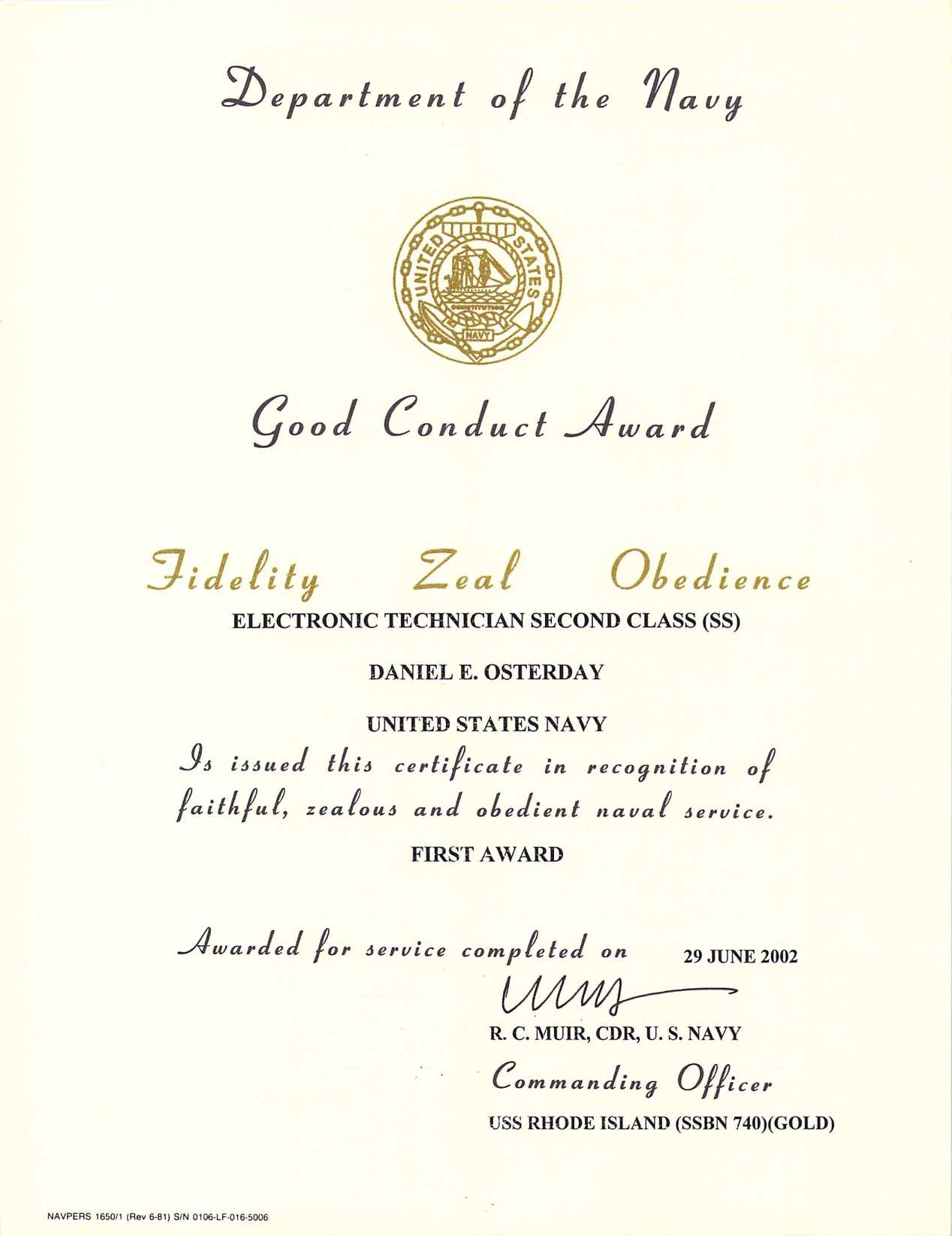 Good Conduct Medal | Daniel Osterday In Good Conduct Certificate Template