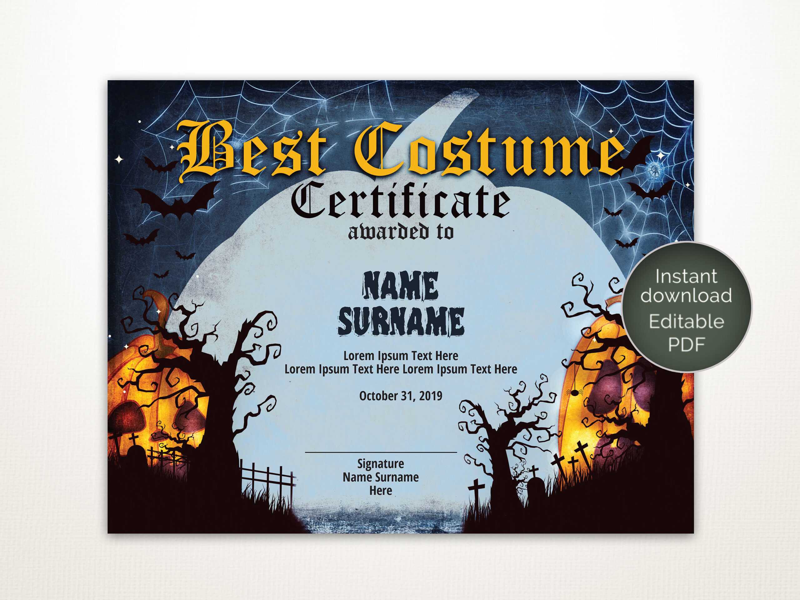 Halloween Best Costume Certificate Editable Template Costume Award  Printable Certificate Template Instant Download Pertaining To Halloween Certificate Template