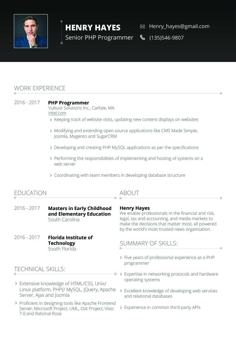 Henry Hayes – Web Developer Resume Template #64898 Within Hayes Certificate Templates