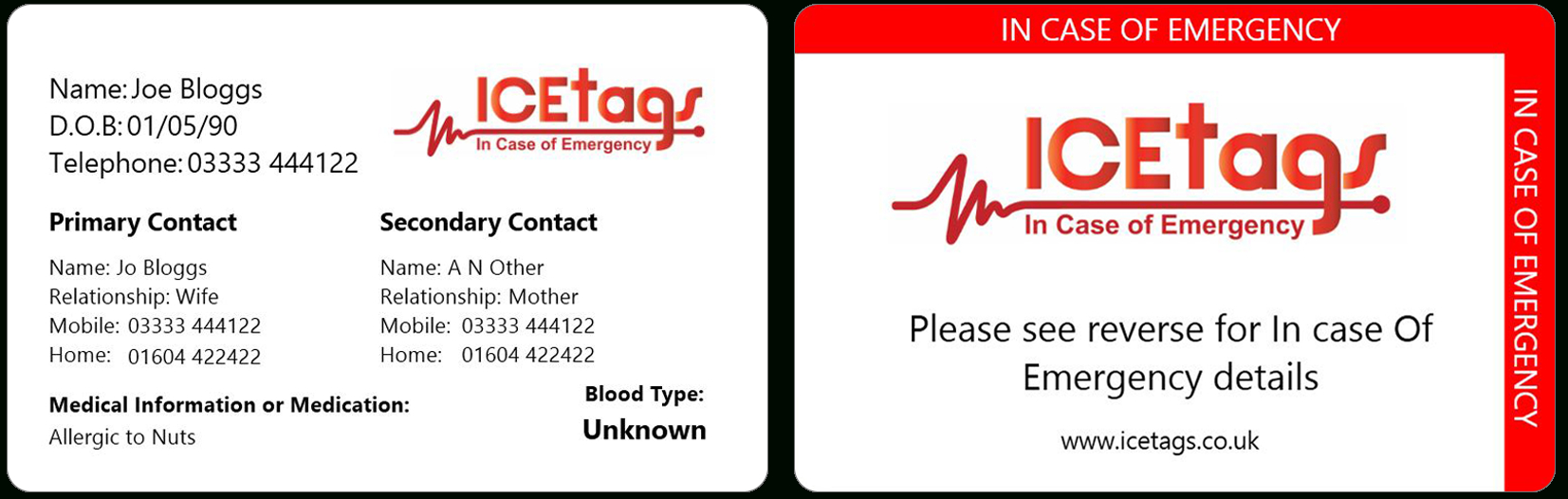 Ice Wallet Card | Full Size Icetags | Free Uk Delivery Regarding Medical Alert Wallet Card Template