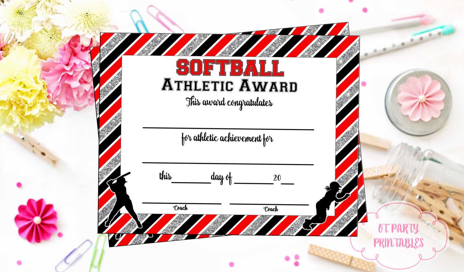 Instant Download - Softball Certificate Of Achievement - Softball Award -  Print At Home - Softball Certificate Of Completion - Sports Award Throughout Softball Certificate Templates