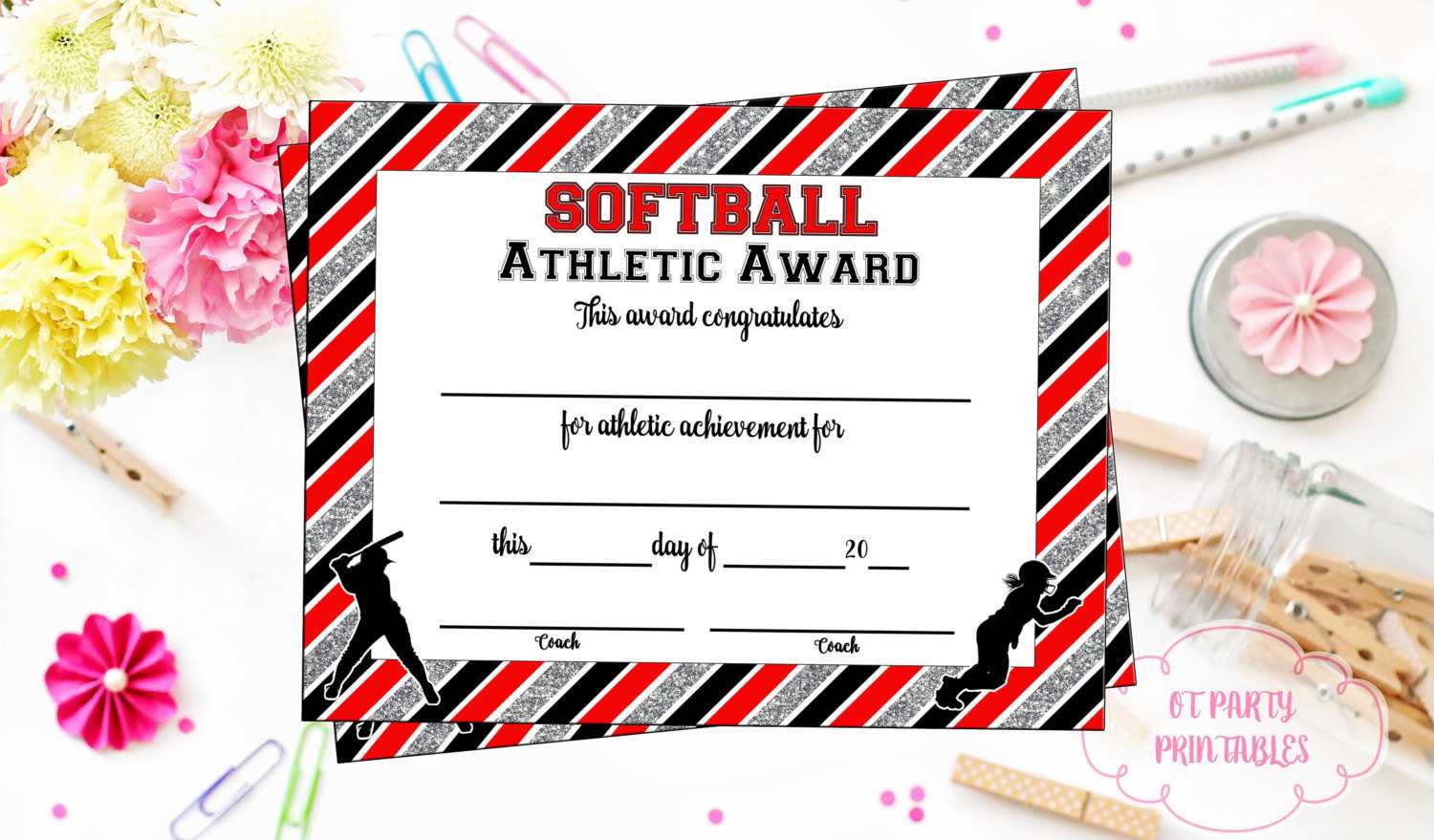 Instant Download – Softball Certificate Of Achievement – Softball Award –  Print At Home – Softball Certificate Of Completion – Sports Award Throughout Softball Certificate Templates