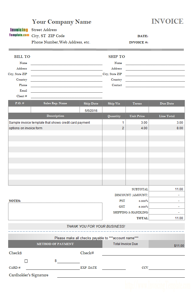 Invoice Template With Credit Card Payment Option With Credit Card Bill Template