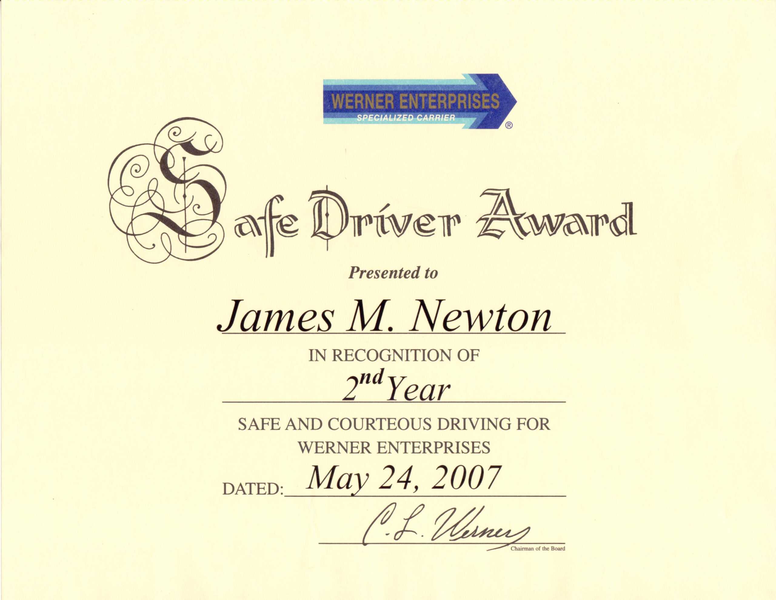 James M. Newton Awards Regarding Safe Driving Certificate Template
